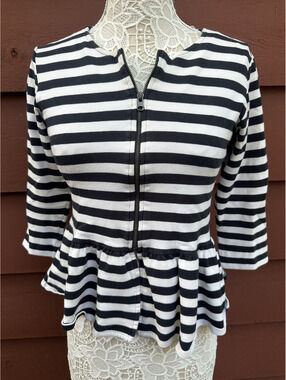 ZARA Trafaluc Navy White Striped Peplum Jacket with Front Zipper